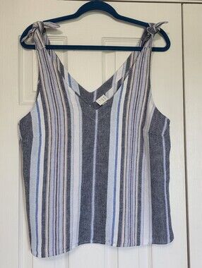 A New Day Linen Blend Striped Tie-Shoulder V-Neck Tank Top - Blue & White